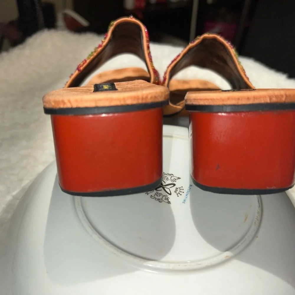 Beaded Silk Slide Sandals Size 10 Made in India Floral Boho Wooden Heel Resort - Picture 5 of 8